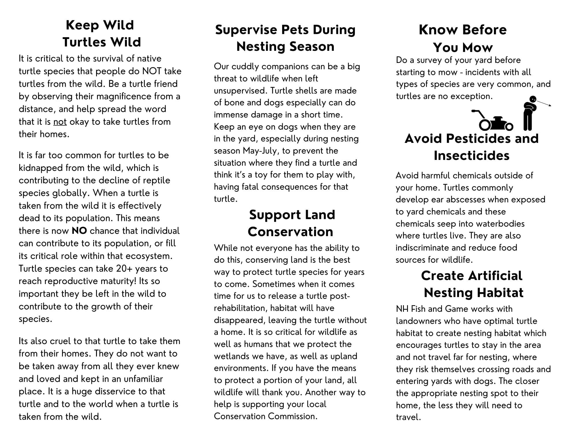 Trifold or Z fold brochure with information about how to be a good neighbor to turtles. Front view.